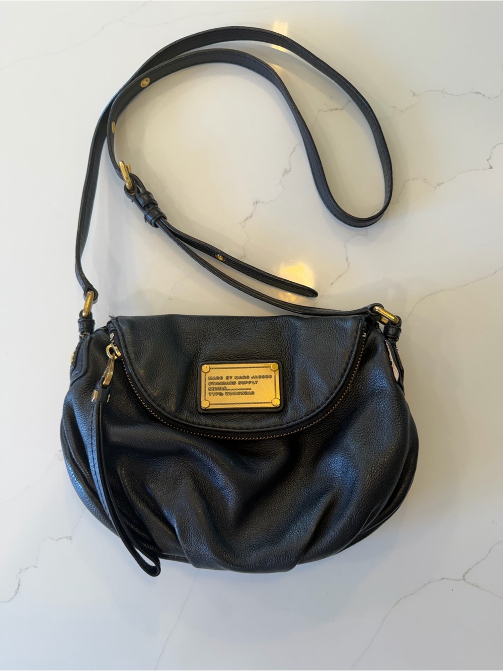 Marc by Marc Jacobs Black Leather Crossbody with Gold Plaque